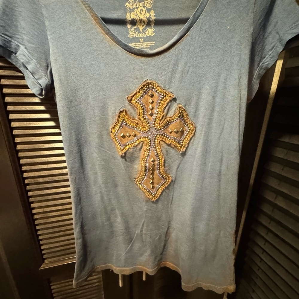 Rebel Spirit Blue Tee with Gold Cross Embellishment